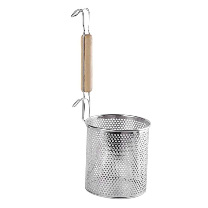 STAINLESS STEEL PASTA AND NOODLE STRAINER BASKET MICROPLEATED MESH DESIGN WITH STURDY WOODEN HANDLE ANTICORROSION SPIDER DRAINER 1 PCS