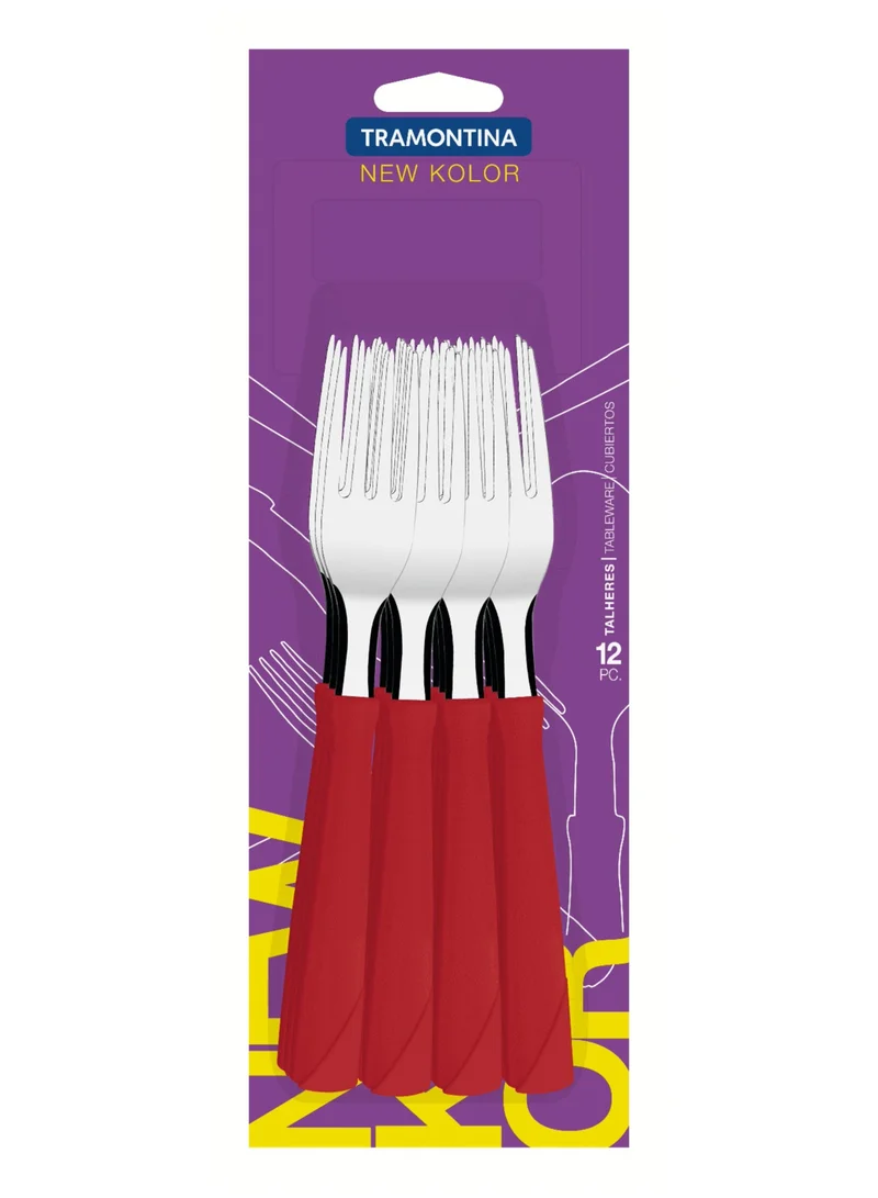ترامونتينا Tramontina New Kolor 12 Pieces Stainless Steel Table Forks Set with Red Polypropylene Handles