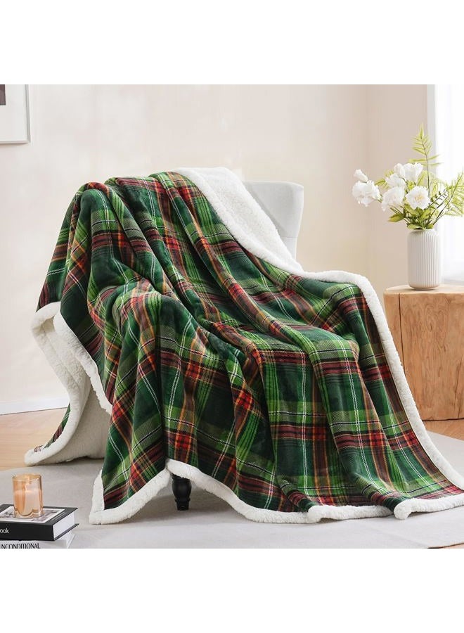 PU MEI Sherpa Fleece Throw Blanket 60" x 80" Reversible Plush Fluffy Large Big Blanket Lattice Flannel Blankets for All Season Use, Chrismas Green - Image 1