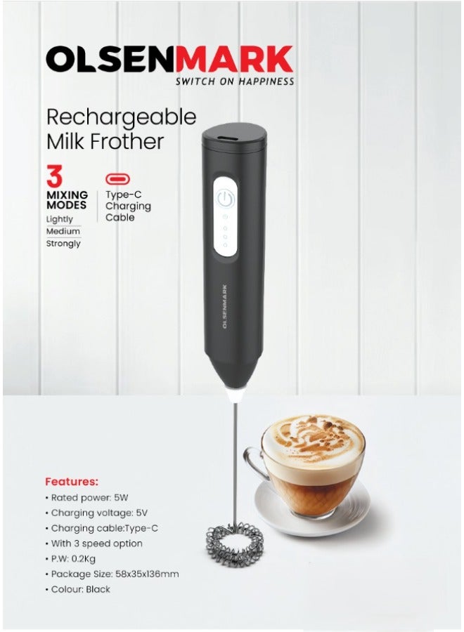 Olsenmark Rechargeable Milk Frother- for High Speed Whisking, Ergonomic Grip with 3 Mixing Modes, Light, Medium and Strong/ Used for Milk, Coffee, Eggs, Sauces, Lattes, Hot Chocolates, Shakes/ For Kitchen Use, Light-Weight and Highly Durable 1.5 L 200 W OMMF7038 Black - Image 1