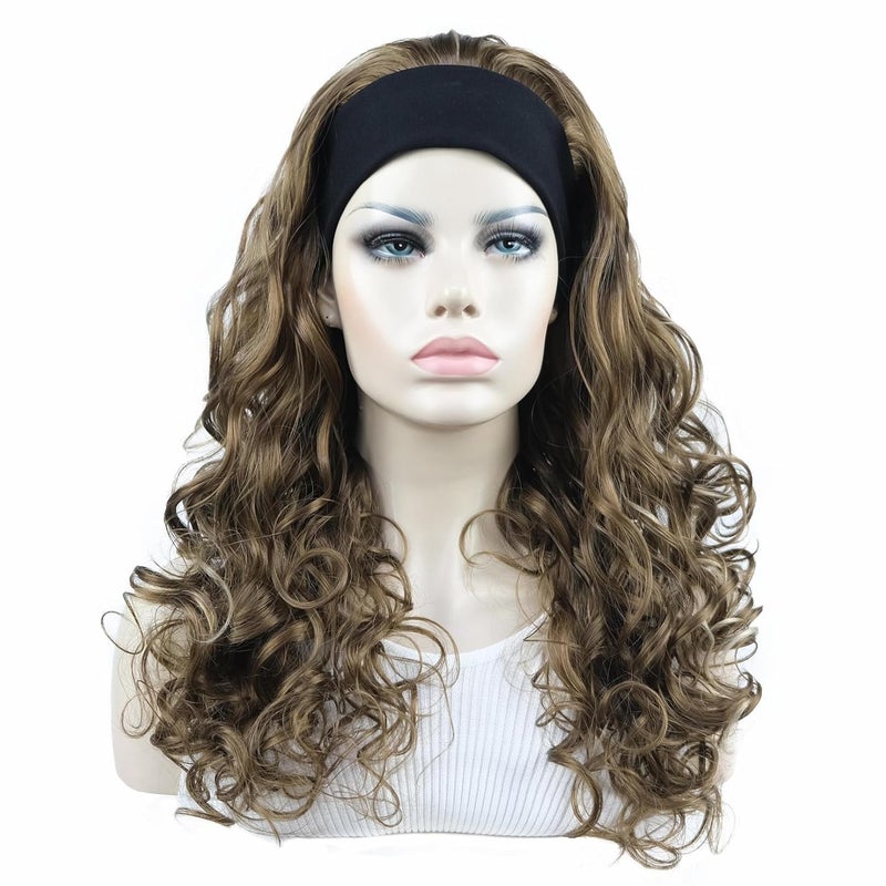 Aimole Long 22 Curly 34 Women Wigs With Headband Soft Layered Wig Heat Resisting Fiber Synthetic Hair 12TT26 light Brown with Highlights
