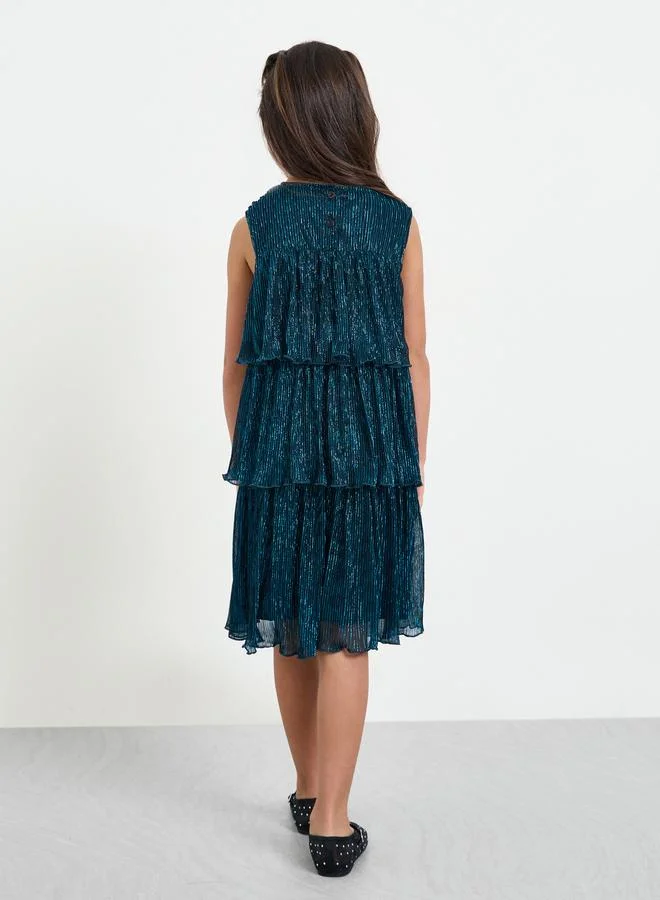 Styli Girls Teal Sleeveless Tiered Dress