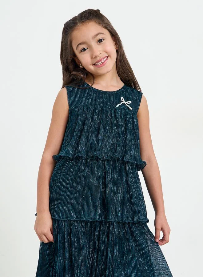 Styli Girls Teal Sleeveless Tiered Dress
