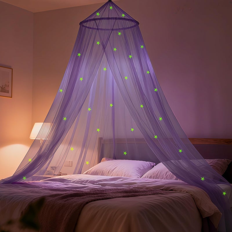 LionLively Purple Bed Canopy for Girls with Glow-in-The-Dark Stars, Princess Canopy Curtains Fits Single, Twin, Full, Queen Size Bed, Bedroom Accessories, Ceiling Tent - Image 1