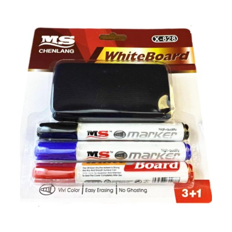 MS Whiteboard Set of a Duster and 3 Markers ( Blue / Black / Red ) Value Pack