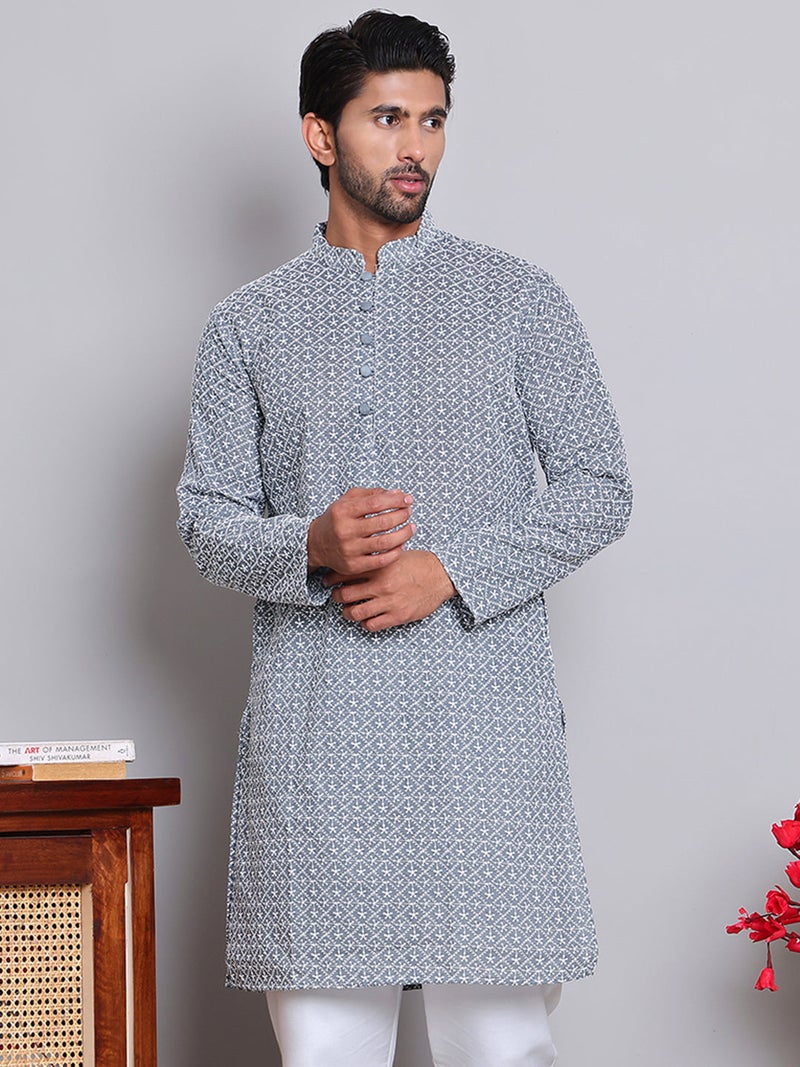 NOZ2TOZ Embroidered Grey Kurta for Men - Image 5