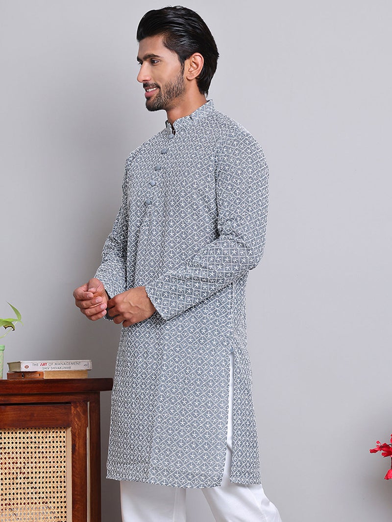 NOZ2TOZ Embroidered Grey Kurta for Men - Image 4