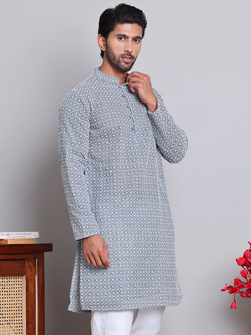 NOZ2TOZ Embroidered Grey Kurta for Men - Image 2
