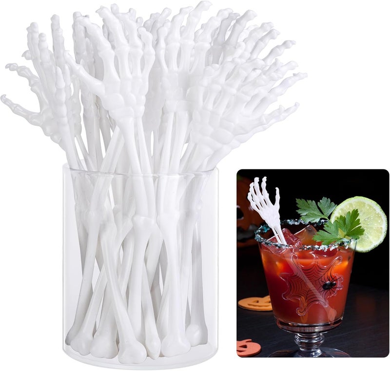 RunNico 25 Pcs 5.9''x1.5'' Halloween Skeleton Cocktail Stirrers, Reusable Skeleton Hand Swizzle Sticks, Halloween Plastic Drink Stirrer for Home Bar Horror Party Table Decorations Photo Props - Image 1