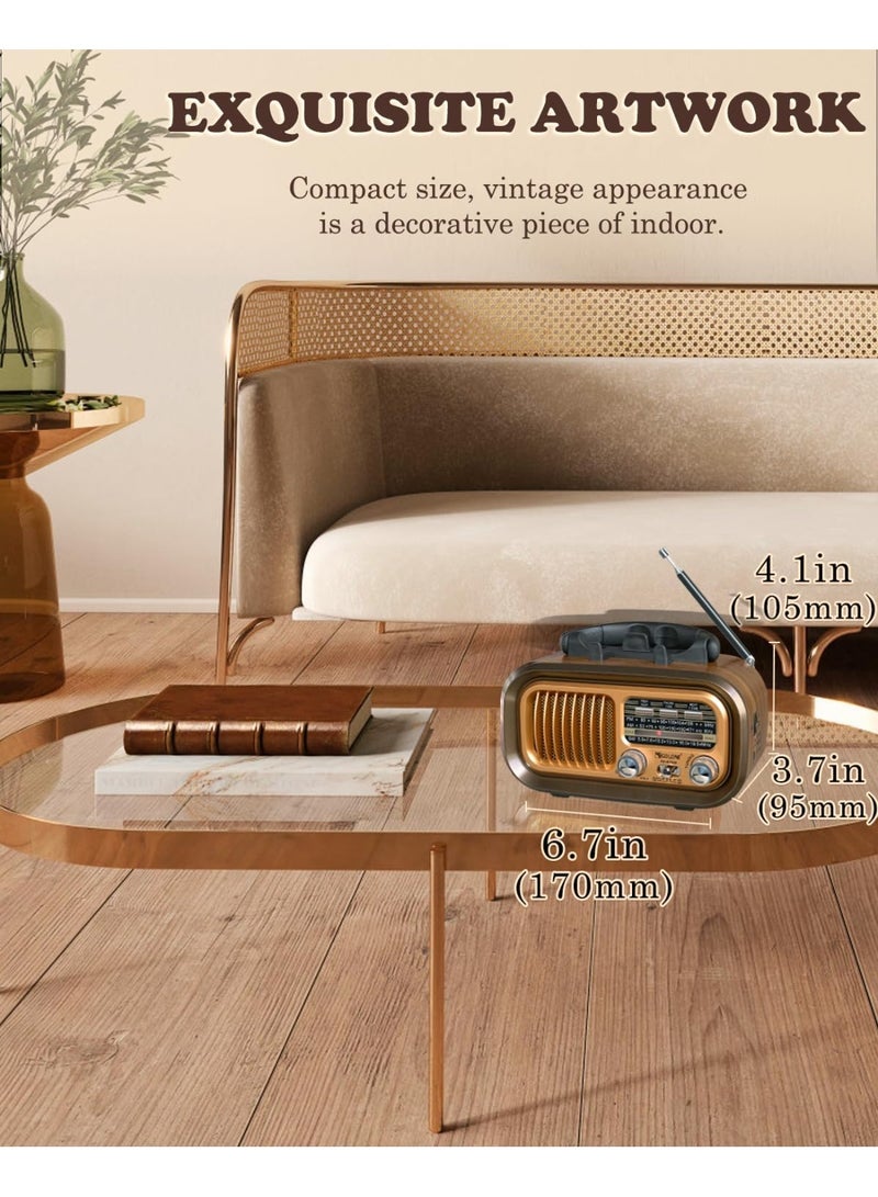PUXING Mini classic radio with Bluetooth, portable AFM/MSW transistor radio with superior sound and excellent reception, supports TF card and USB MP3 player, powered by a rechargeable battery, gold. - Image 4