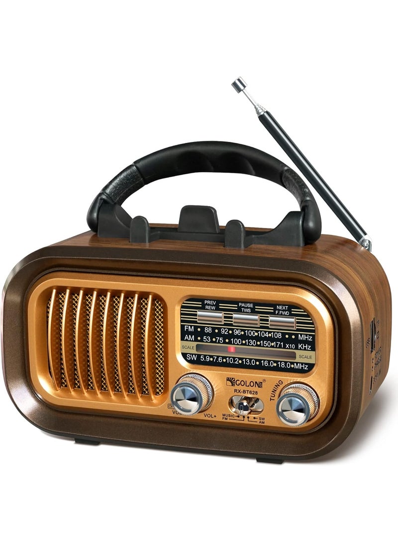 PUXING Mini classic radio with Bluetooth, portable AFM/MSW transistor radio with superior sound and excellent reception, supports TF card and USB MP3 player, powered by a rechargeable battery, gold. - Image 2