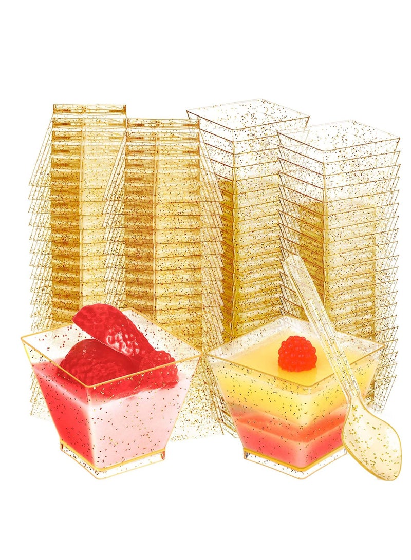 KASTWAVE Mini Glitter Dessert Cups, Disposable Square Plastic Cake Cups with Spoons Set for Parties Birthday Parties Dinner Party 60ml Small Quartet of Cups Tasting Cups 100pcs (50 Dessert Cups + 50 Spoons)  - Image 1
