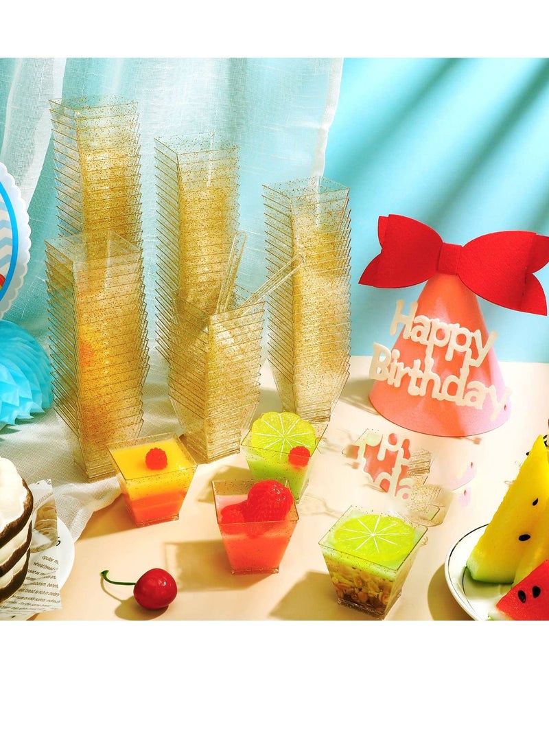 KASTWAVE Mini Glitter Dessert Cups, Disposable Square Plastic Cake Cups with Spoons Set for Parties Birthday Parties Dinner Party 60ml Small Quartet of Cups Tasting Cups 100pcs (50 Dessert Cups + 50 Spoons)  - Image 2