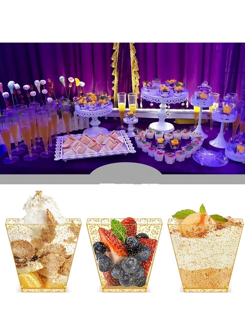 KASTWAVE Mini Glitter Dessert Cups, Disposable Square Plastic Cake Cups with Spoons Set for Parties Birthday Parties Dinner Party 60ml Small Quartet of Cups Tasting Cups 100pcs (50 Dessert Cups + 50 Spoons)  - Image 5