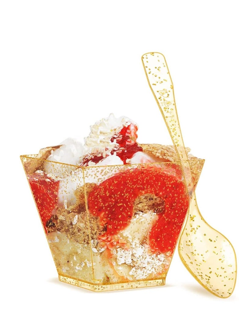 KASTWAVE Mini Glitter Dessert Cups, Disposable Square Plastic Cake Cups with Spoons Set for Parties Birthday Parties Dinner Party 60ml Small Quartet of Cups Tasting Cups 100pcs (50 Dessert Cups + 50 Spoons)  - Image 3