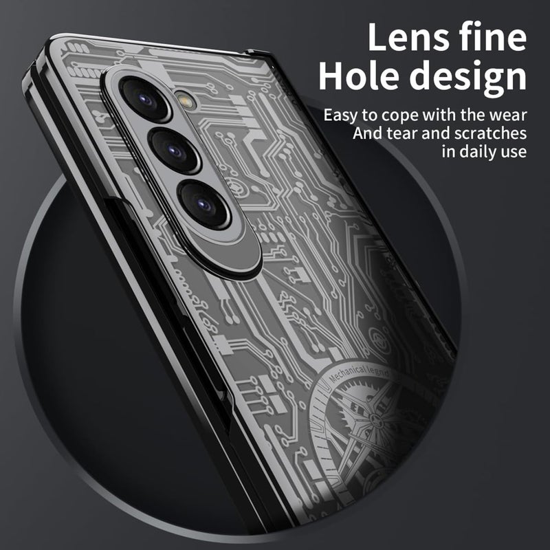 إكسفور غطاء لجهاز Samsung Galaxy Z Fold 5 مع واقي شاشة، غطاء Fold 5 مع حماية المفصل + نسيج ميكانيكي أسطوري مطلي فاخر شفاف كريستالي لجهاز Galaxy Z Fold 5 (أسود) - Image 3