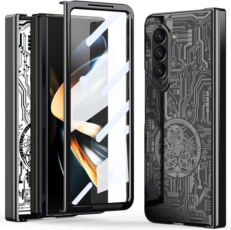 إكسفور غطاء لجهاز Samsung Galaxy Z Fold 5 مع واقي شاشة، غطاء Fold 5 مع حماية المفصل + نسيج ميكانيكي أسطوري مطلي فاخر شفاف كريستالي لجهاز Galaxy Z Fold 5 (أسود) - Image 1