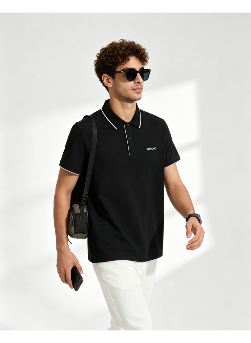 GEOX Men Contrast Trim Short Sleeve Polo Shirt Casual Daily Summer Top Black - Image 2