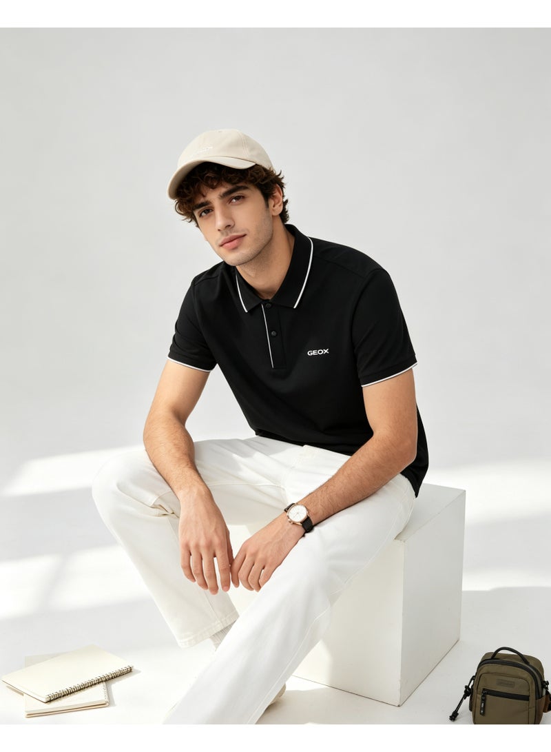 GEOX Men Contrast Trim Short Sleeve Polo Shirt Casual Daily Summer Top Black - Image 1