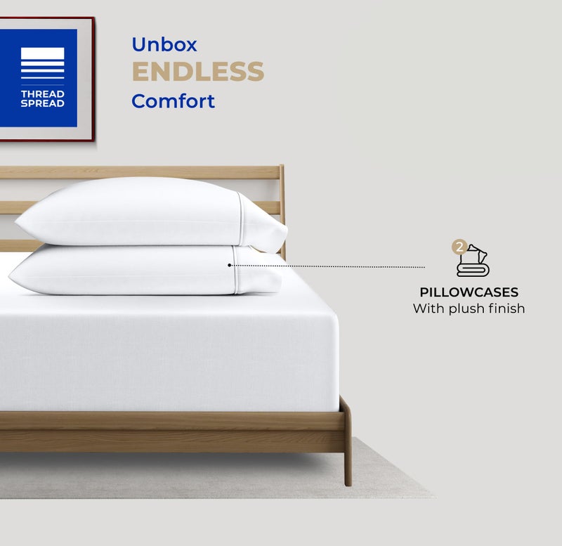THREAD SPREAD 100% Cotton Pillow Cases Queen Size Set of 2 - Luxury 400 Thread Count Queen Pillow Cases (White), Soft Cooling Breathable Hotel Quality Cotton Pillowcases, Fits Standard Pillows - Image 3