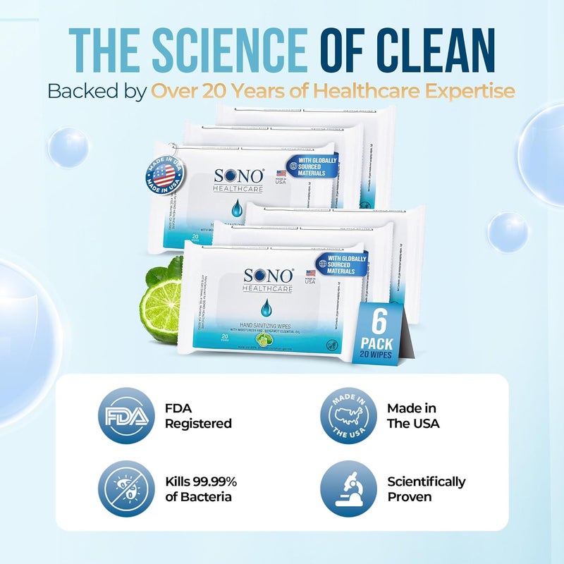 SONO AlcoholFree Sanitizing Hand Wipes with Bergamot Aloe Essential Oil HospitalGrade Disinfectant Individually Wrapped Travel Size 6 Packs of 20 Gentle Cleaning Germ Protection Anywhere - Image 3