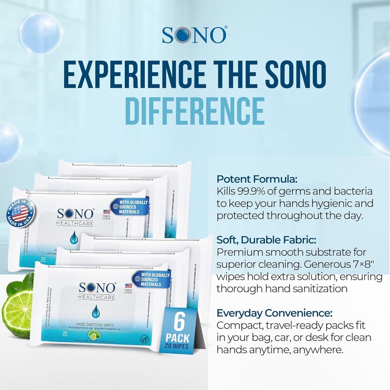 SONO AlcoholFree Sanitizing Hand Wipes with Bergamot Aloe Essential Oil HospitalGrade Disinfectant Individually Wrapped Travel Size 6 Packs of 20 Gentle Cleaning Germ Protection Anywhere - Image 4