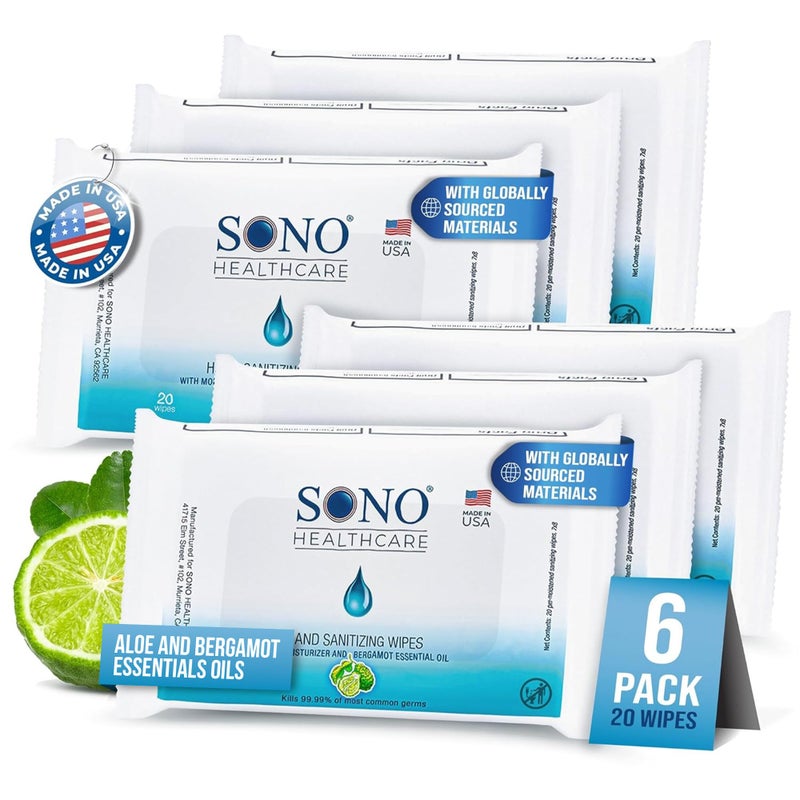 SONO AlcoholFree Sanitizing Hand Wipes with Bergamot Aloe Essential Oil HospitalGrade Disinfectant Individually Wrapped Travel Size 6 Packs of 20 Gentle Cleaning Germ Protection Anywhere - Image 1