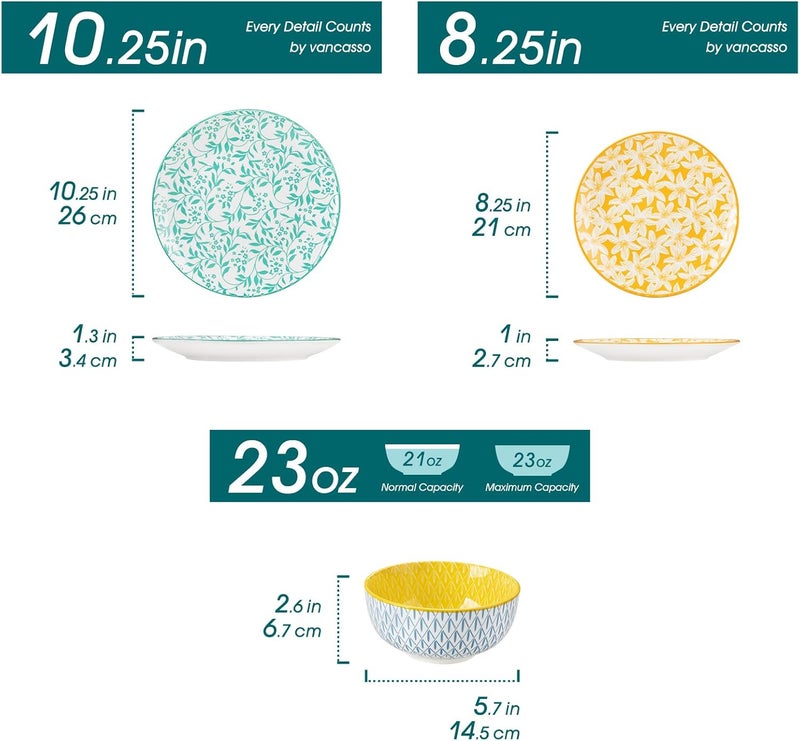 vancasso Selene Dinner Set for 4, 12 Pieces Porcelain Colorful Plates and Bowls Set Kitchen Dinnerware Sets Crockery Set, Mircowave and Dishwasher Safe Dishes Set - Image 2