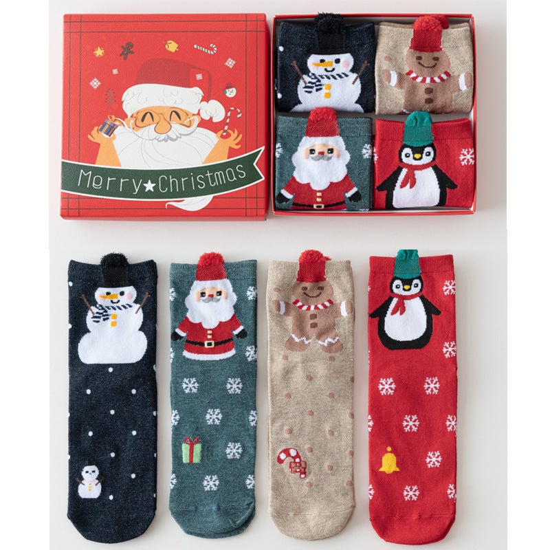 Cotton Womens Cartoon Winter Spring Socks Santa Claus Snowflake Mid-length Socks Christmas Socks Gift Box Red Socks Boxed Snowflake Christmas Boxed 