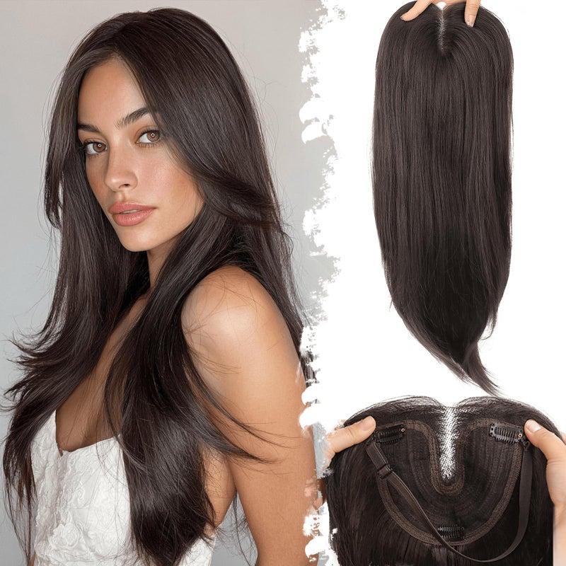Eawwii Dark Brown Synthetic Hair Toppers for Women with Thinning 5x6 inch Large Base Coverage Clip in Wispy Bangs Upgraded Adjustable Bandage 24 Inch Long Layered - Image 1
