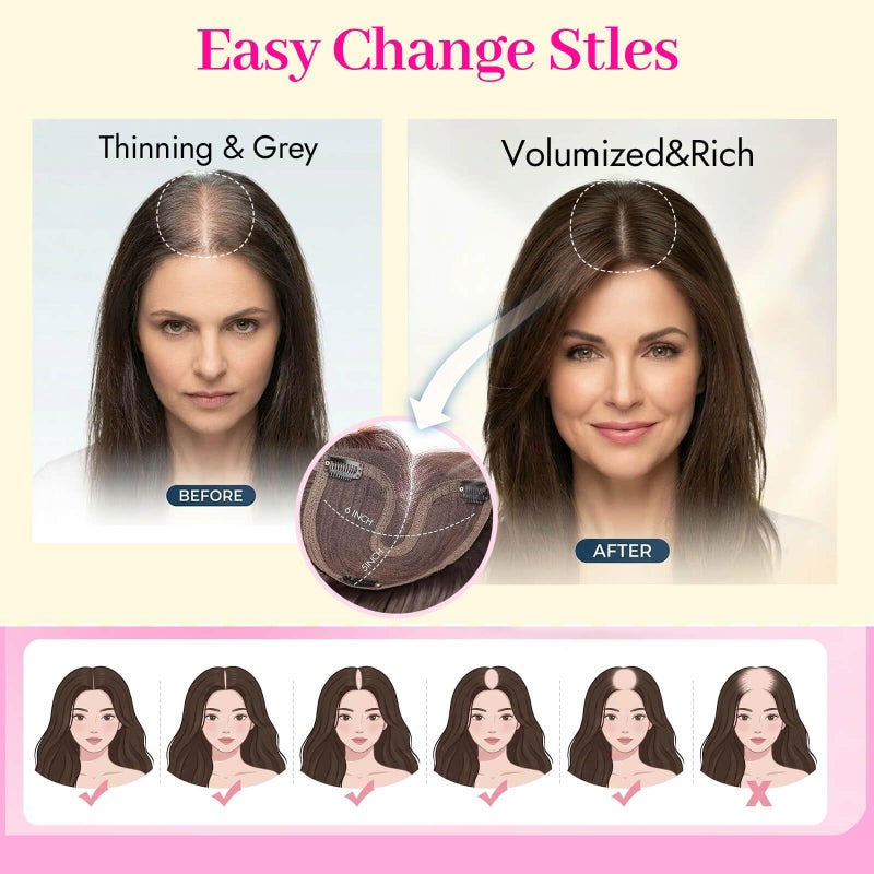 Eawwii Dark Brown Synthetic Hair Toppers for Women with Thinning 5x6 inch Large Base Coverage Clip in Wispy Bangs Upgraded Adjustable Bandage 24 Inch Long Layered - Image 4