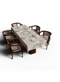 ART MOOD Dorra Tablecloth & Napkins Set Satin White & Blue 140W * 280L Cm  - Image 1