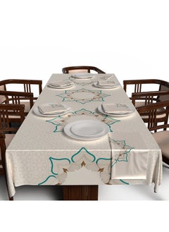 ART MOOD Dorra Tablecloth & Napkins Set Satin White & Blue 140W * 280L Cm  - Image 2