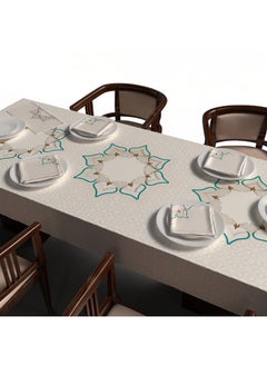 ART MOOD Dorra Tablecloth & Napkins Set Satin White & Blue 140W * 280L Cm  - Image 5
