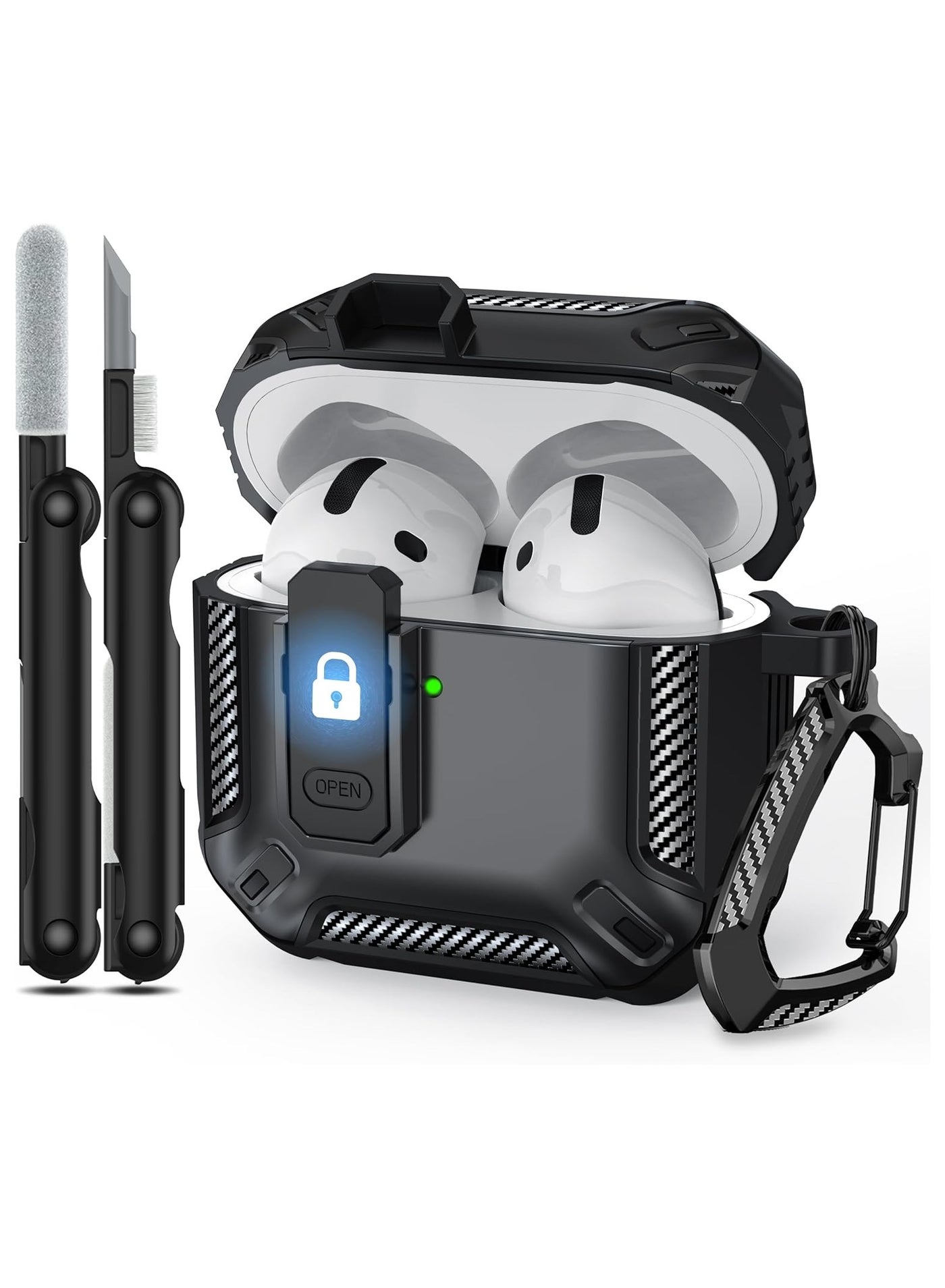Egolav Compatible with 4th Generation AirPods 4 Case (2024 Edition), features locking mechanism, military-grade drop protection, includes 3-in-1 cleaning kit - (Black)