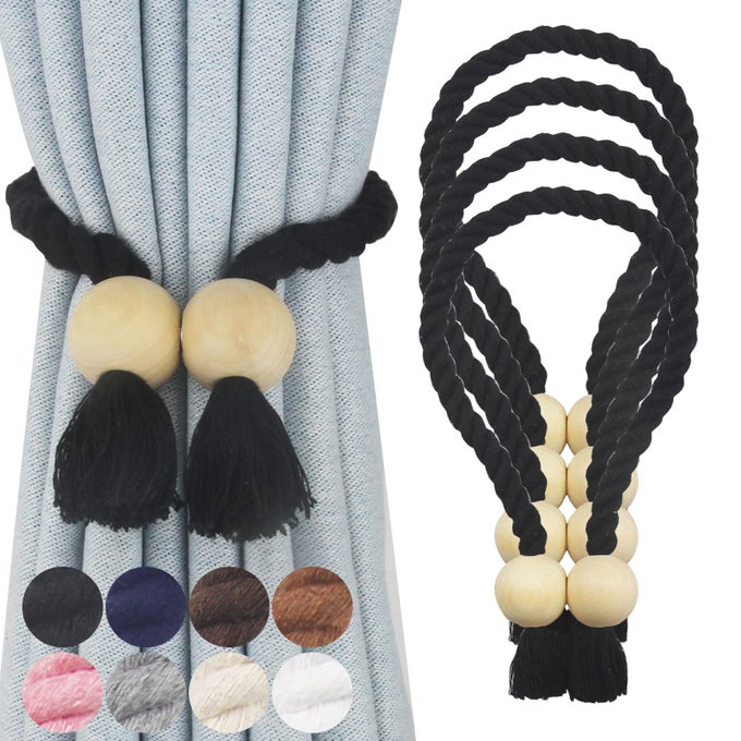 4 PACK MAGNETIC CURTAIN TIEBACKS COTTON HAND WOVEN TIE BACK DECORATIVE ROPE HOLDBACKS FOR CURTAINS DRAPERIES NO TOOLS REQUIRED BLACK