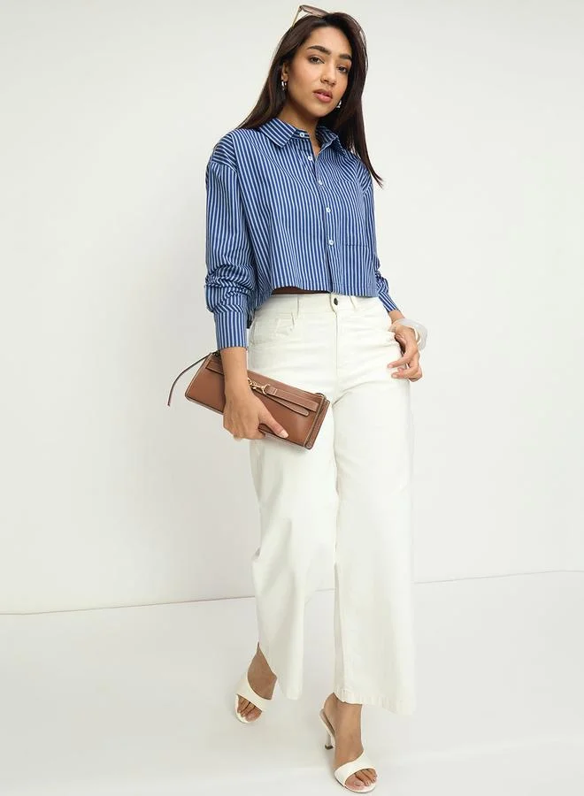 Femmella Navy Blue Striped Long Sleeve Crop Shirt