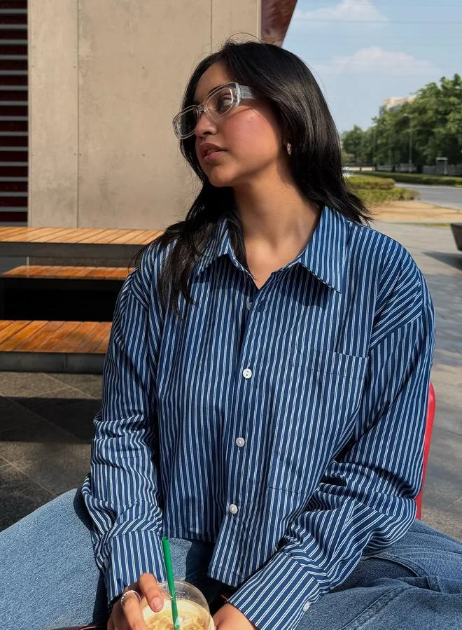 Femmella Navy Blue Striped Long Sleeve Crop Shirt