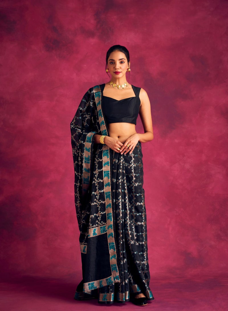 Abhishti Banarasi sakura checks woven zari saree-Rich Black  - Image 1