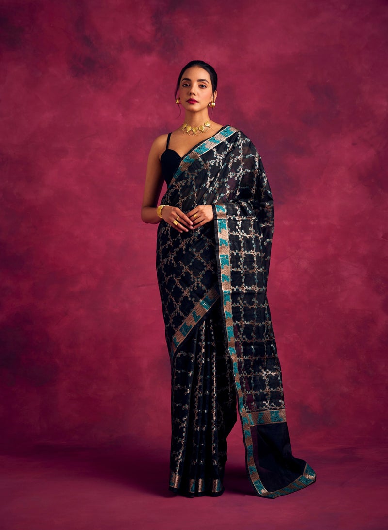 Abhishti Banarasi sakura checks woven zari saree-Rich Black  - Image 3