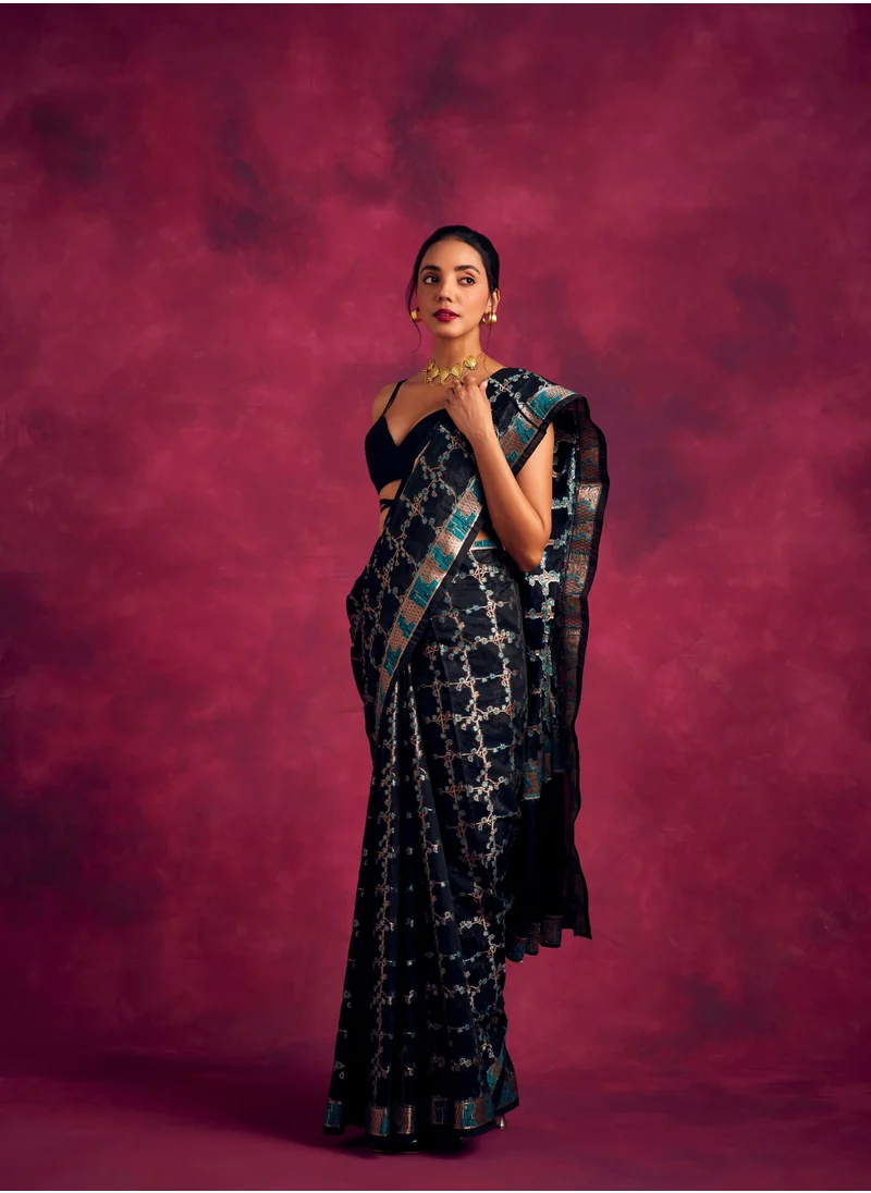 Abhishti Banarasi sakura checks woven zari saree-Rich Black
