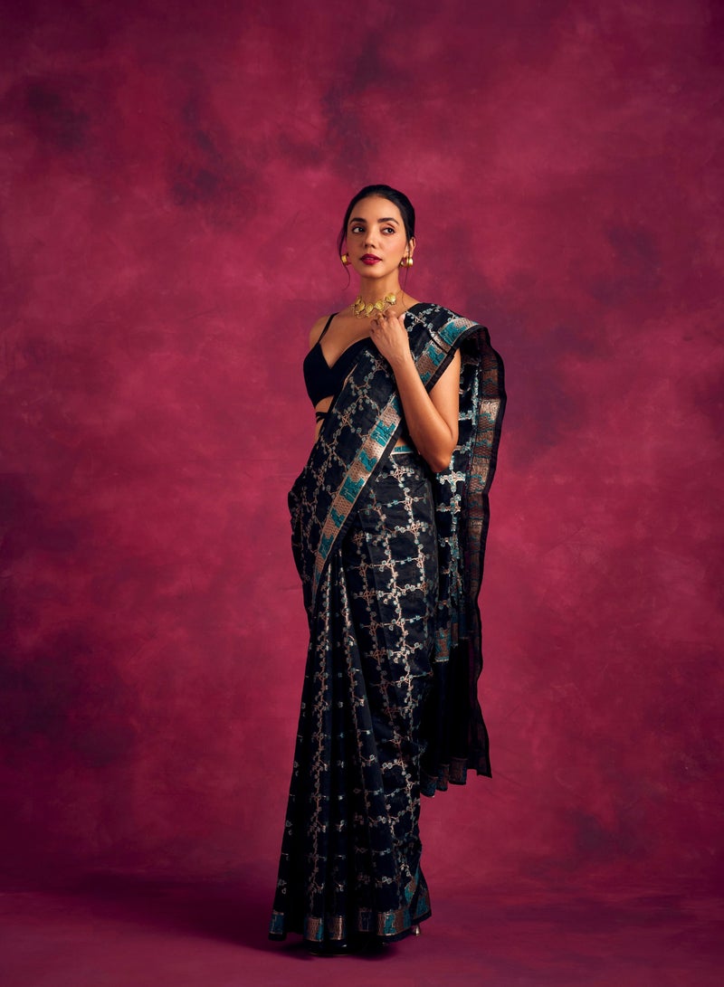 Abhishti Banarasi sakura checks woven zari saree-Rich Black  - Image 4