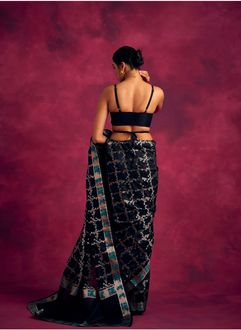 Abhishti Banarasi sakura checks woven zari saree-Rich Black