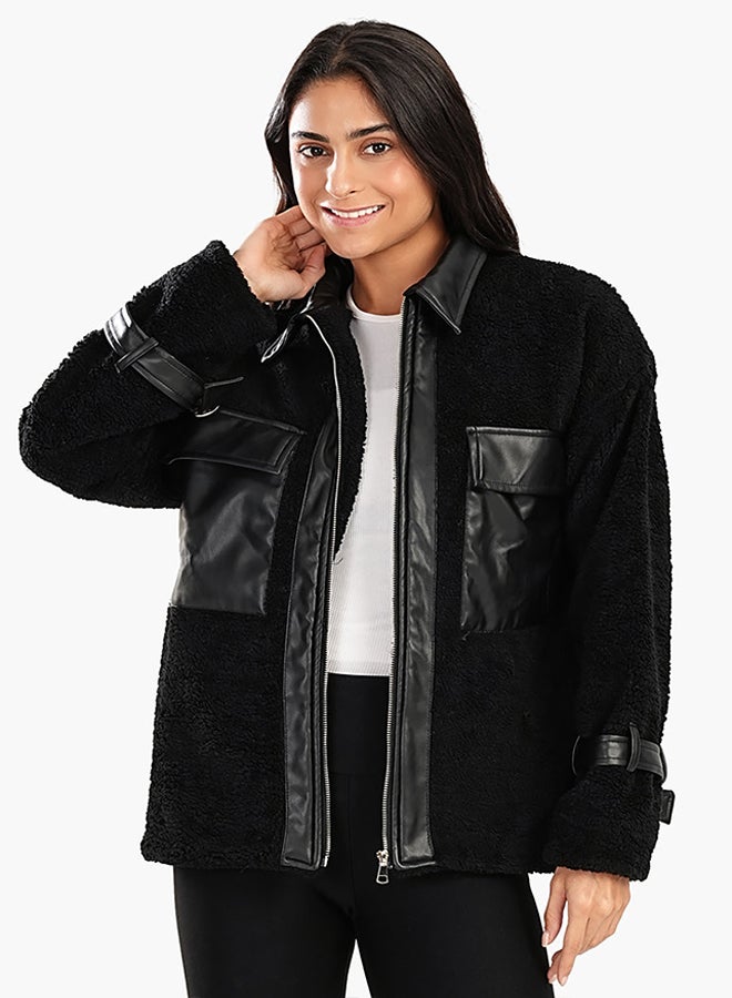 Carina Fleece & Leather Black Jacket - Image 1