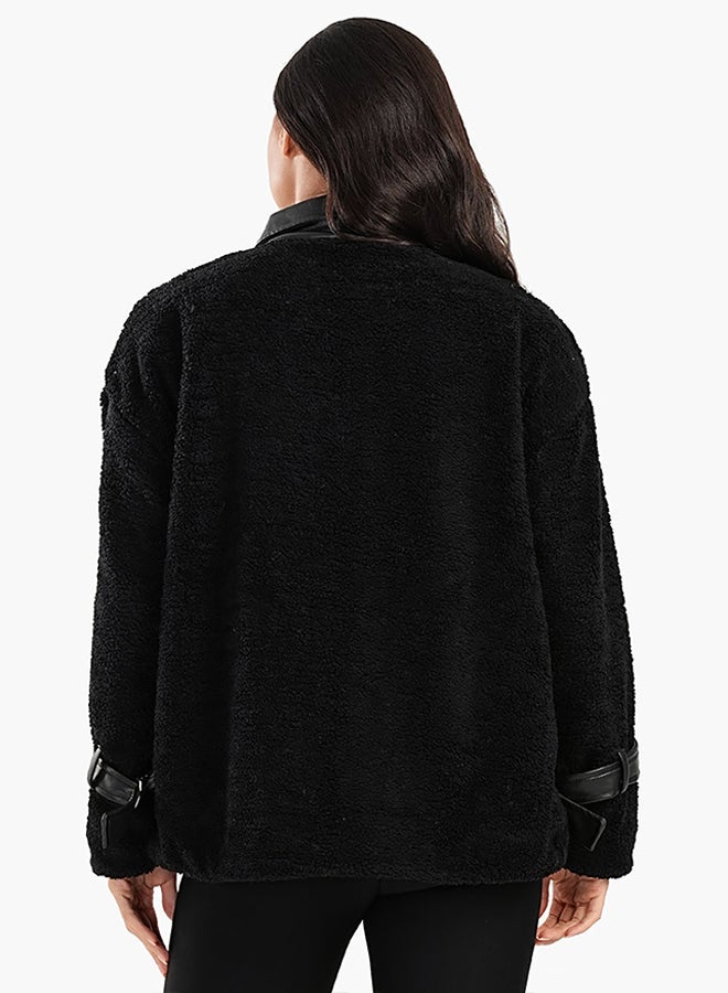 Carina Fleece & Leather Black Jacket - Image 3