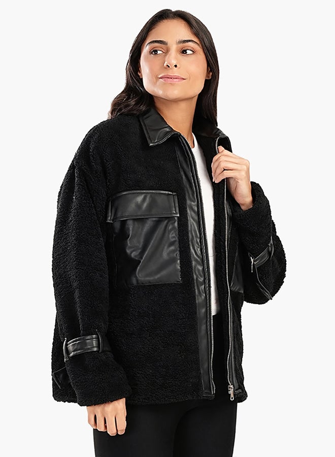 Carina Fleece & Leather Black Jacket - Image 2