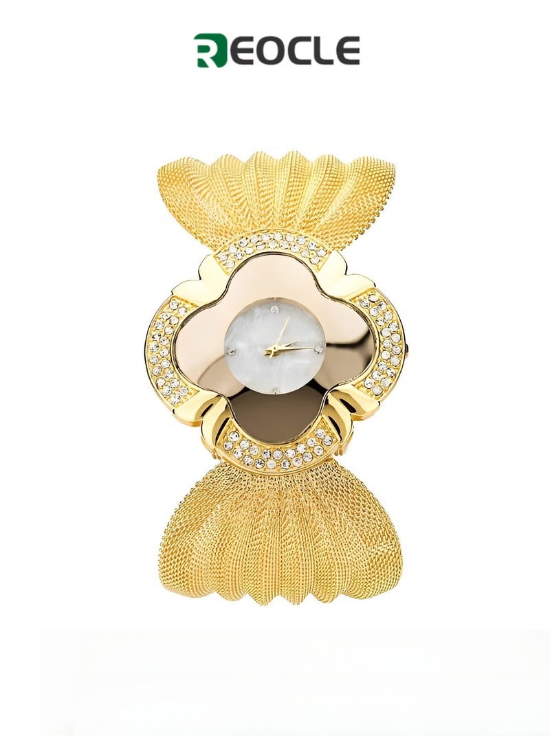 REOCLE Women's Quartz Watch with Four-leaf Clover Shaped Dial & Exaggerated Butterfly Mesh Strap Brilliant Diamond Wrist Watch Gifts for Girls Ladies  - Image 1