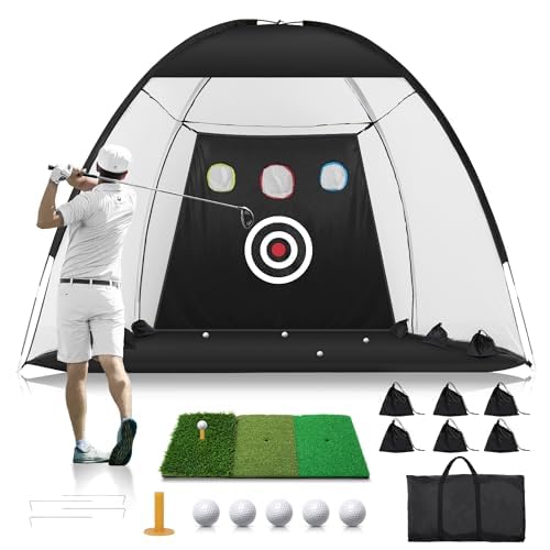 KOPUWS Golf Net: 10x7FT Practice for Backyard Driving, Hitting with Tri-Turf Golf Mat, Indoor Training Chipping Aid Nets with Reduce Noise Nylon Target, Present for Him - Image 1