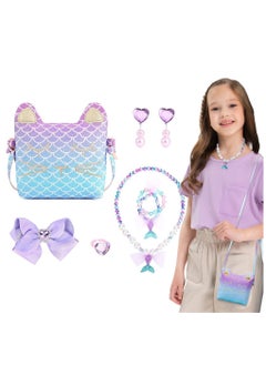 GRAFLO GRAFLO Mermaid Purse for Girls with Dress-Up Jewelry – 6PCS Pretend Play Set Includes Glitter Shoulder Bag, Necklace, Bracelet, Clip-On Earrings – Gift for Toddlers & Kids Ages 3-8  - Image 1