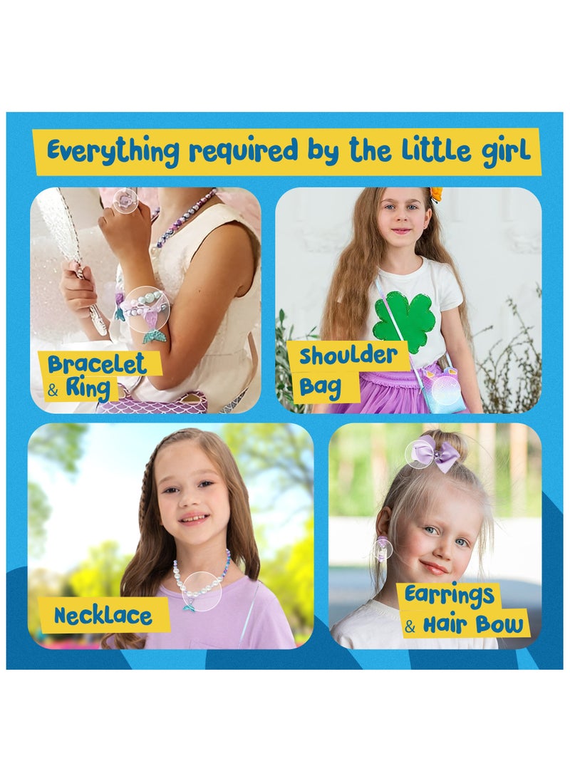 GRAFLO GRAFLO Mermaid Purse for Girls with Dress-Up Jewelry – 6PCS Pretend Play Set Includes Glitter Shoulder Bag, Necklace, Bracelet, Clip-On Earrings – Gift for Toddlers & Kids Ages 3-8  - Image 5